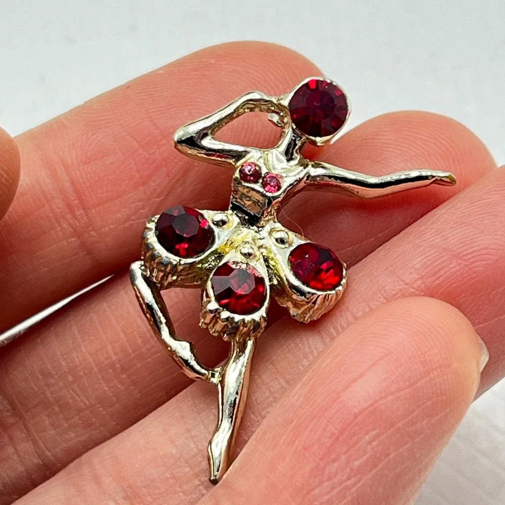 Vintage Ballerina Girl w/ Red and Pink Rhinestones Scatter Pin